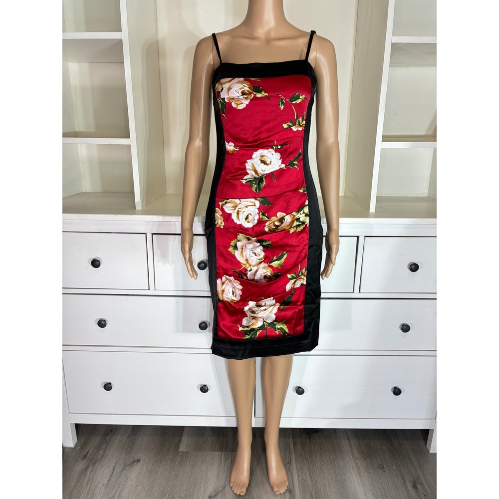 Cache vintage 90s Silk Y2K Floral Dress Women Small Red Black Ruched Knee Length